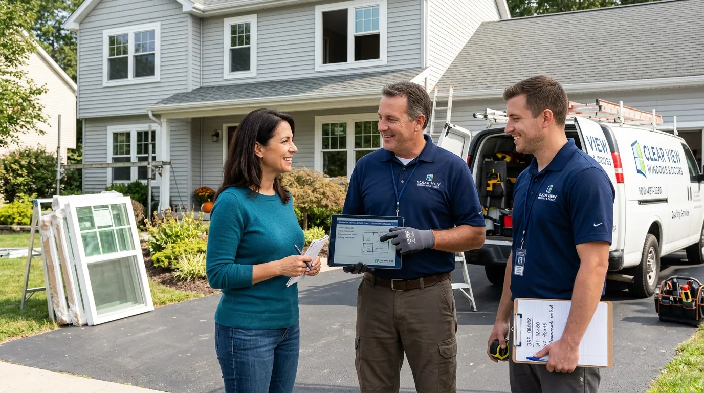 Window professionals providing pricing consultation to homeowner