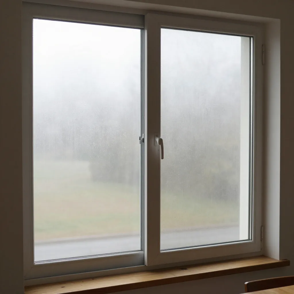 Condensation trapped between window panes showing signs of thermos window seal failure