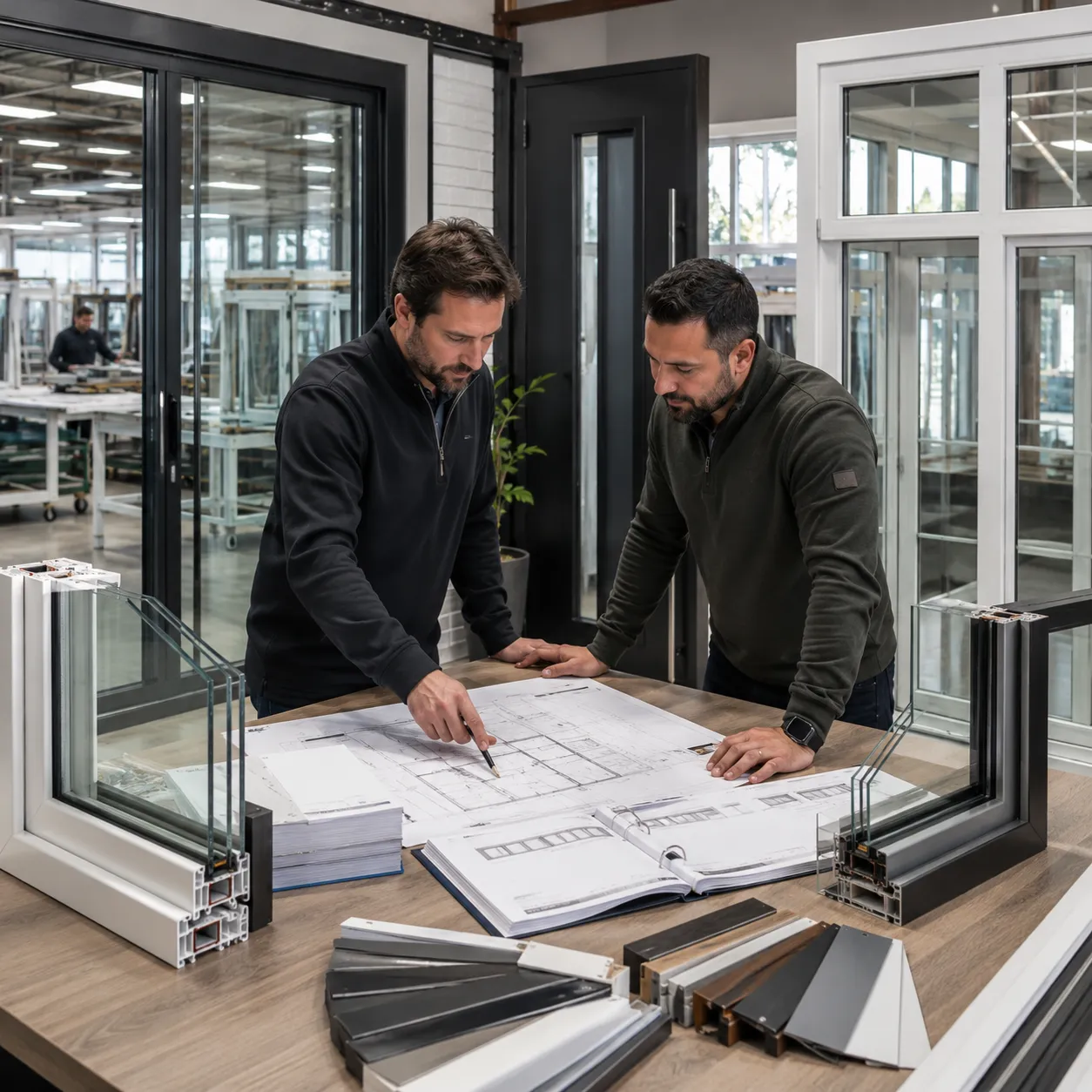 Window and door supplier reviewing product specifications and order requirements with a trade customer.